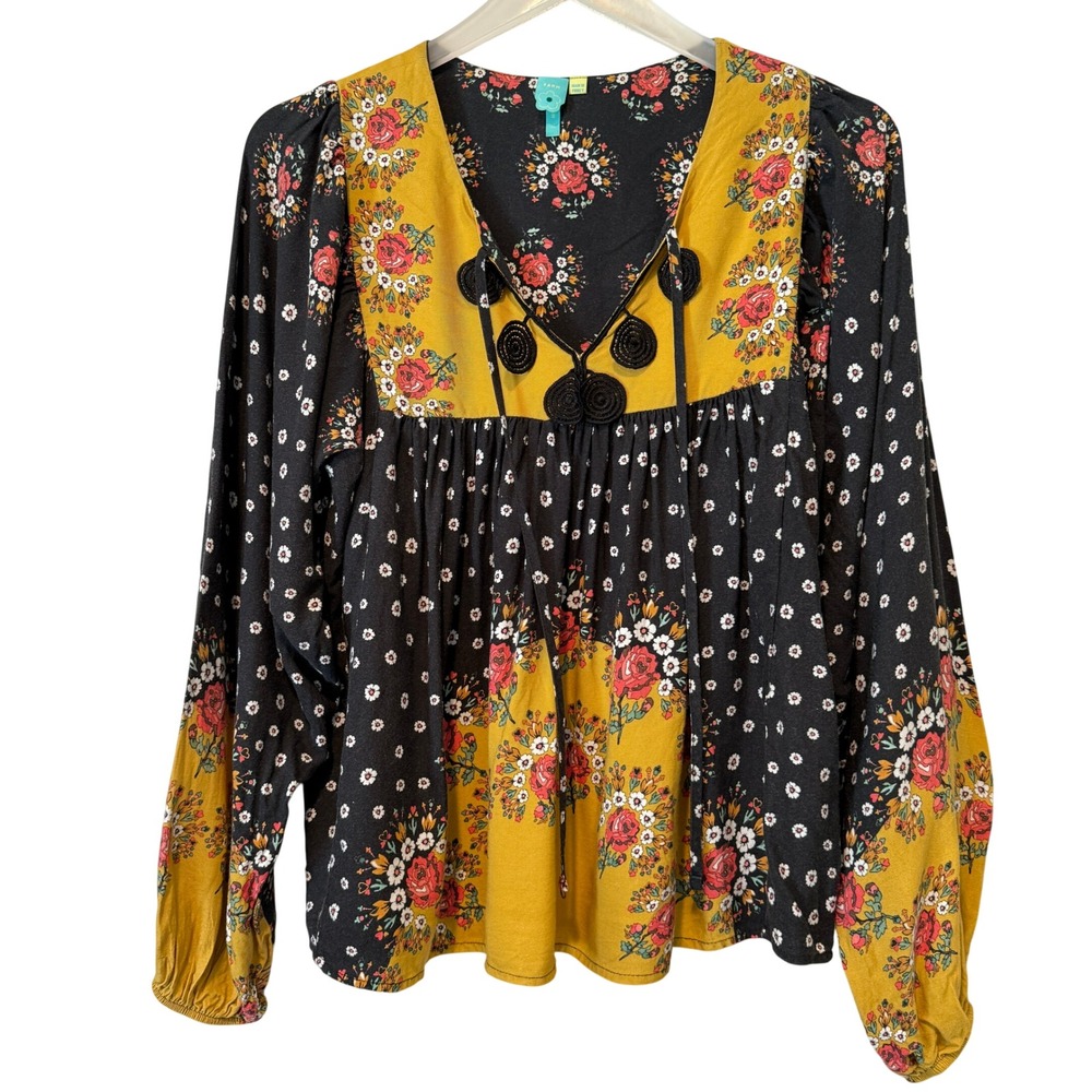 Farm Rio Anthropologie Mixed Floral Crochet Applique Blouse Black Yellow XS